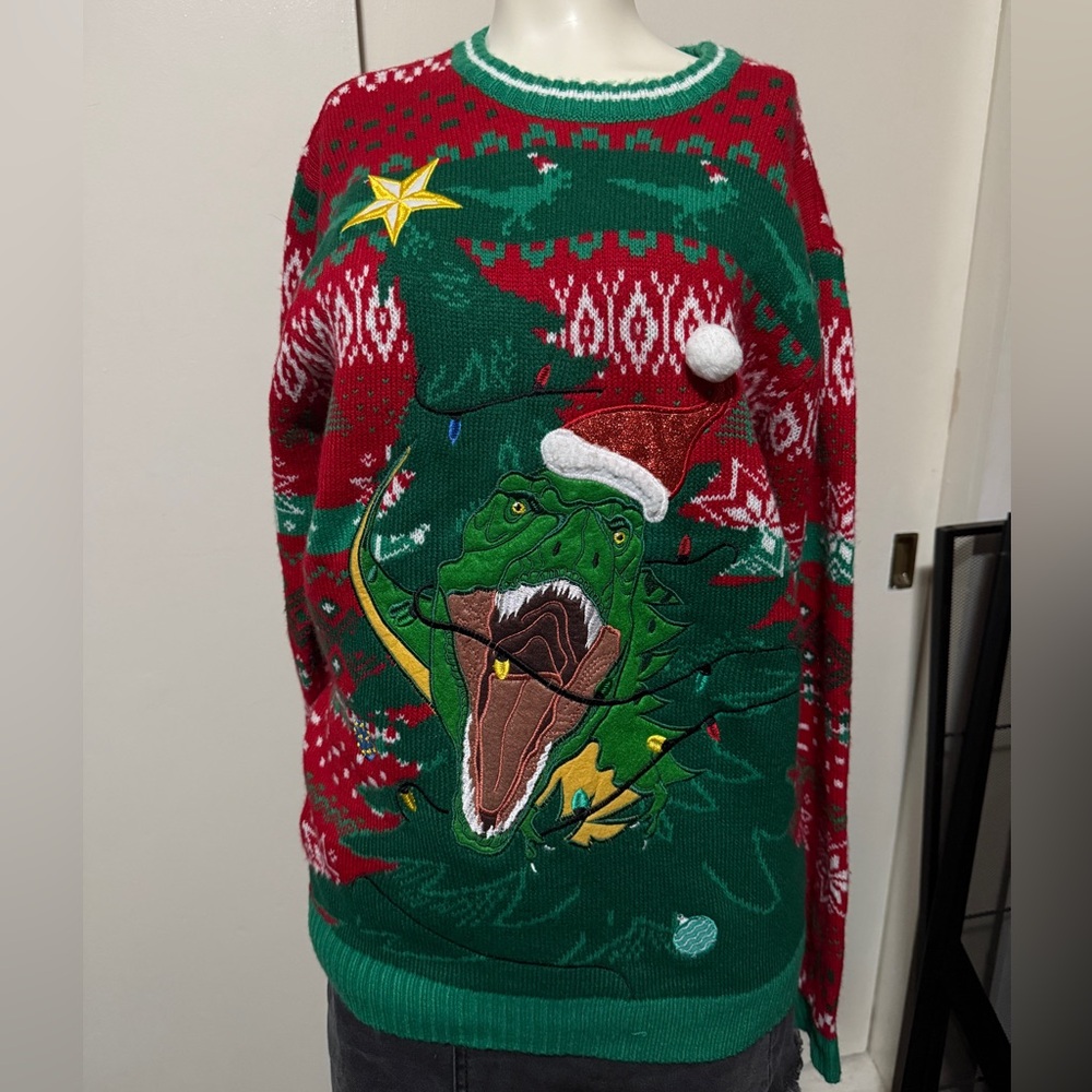 Festive Ugly Sweater Dinosaur Crewneck- Red and Green